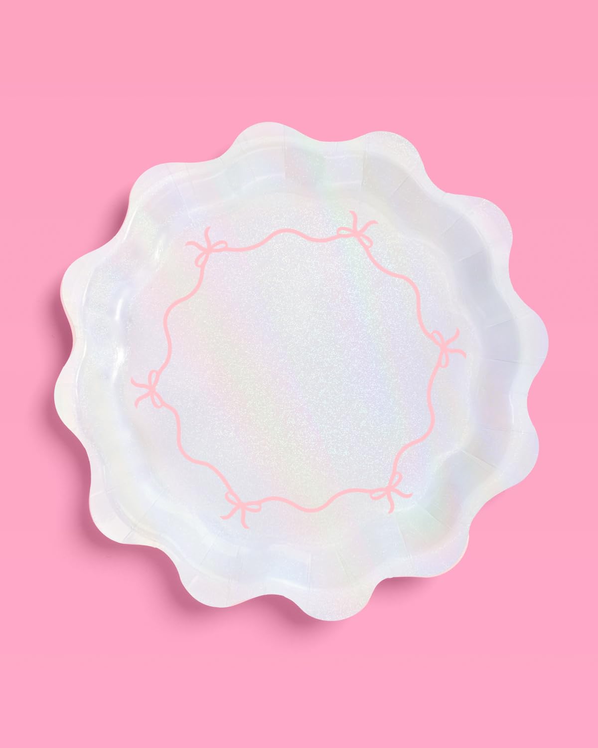 xo, Fetti Pink + Iridescent Wavy Bow Plates - 24 pcs | Bachelorette Decorations, Happy Birthday Party, Baby Shower, Cute Disposable Tableware, Bday Supplies, Bridal Shower