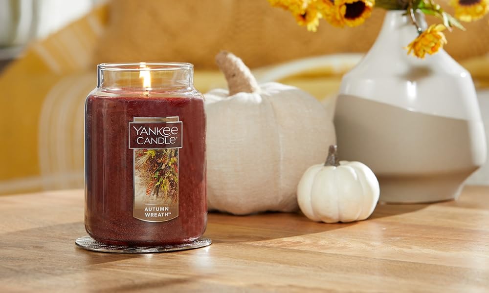 Yankee Candle Autumn Wreath Scented Classic 22oz Large Jar Single Wick Aromatherapy Candle Over 110 Hours of Burn Time Fall Fragrance Perfect for gifting