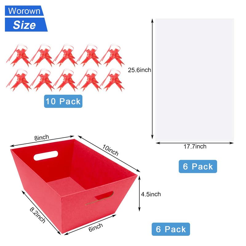 Worown 6 Pack Red Cardboard Basket for Gifts Empty, 8 x 10 Inch Kraft Basket Kit with Bags and Pull Bows for Packing Gift on Easter, Christmas, Birthday, Wedding