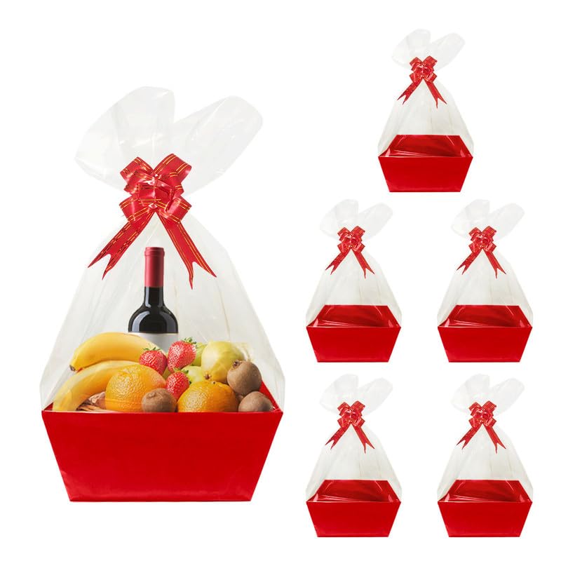 Worown 6 Pack Red Cardboard Basket for Gifts Empty, 8 x 10 Inch Kraft Basket Kit with Bags and Pull Bows for Packing Gift on Easter, Christmas, Birthday, Wedding
