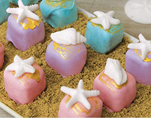 24pk Edible White Seashells and Starfish Sugar Decoration Toppers for Cakes Cupcakes Cake Pops with SeaShell Decorating Stickers