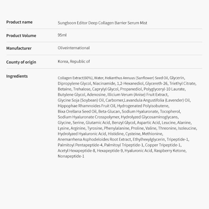 SUNGBOON EDITOR Deep Collagen Barrier Serum Mist | Real Collagen, Multi Peptides, Hydration, Wrinkle Care for Dry Skin, Wrinkles, Korean Moisturizer, Korean Skin Care, Glass Skin Mist