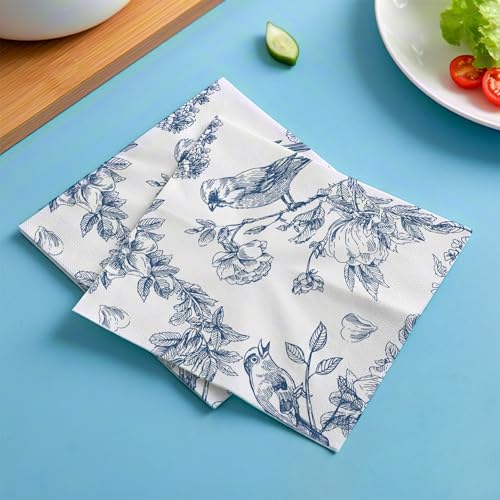 120 Pcs Paper Napkins Blue & White Disposable Spring Flowers Dessert Napkin for Wedding Holiday Birthday Party Bridal & Baby Shower Tableware Party Supplies