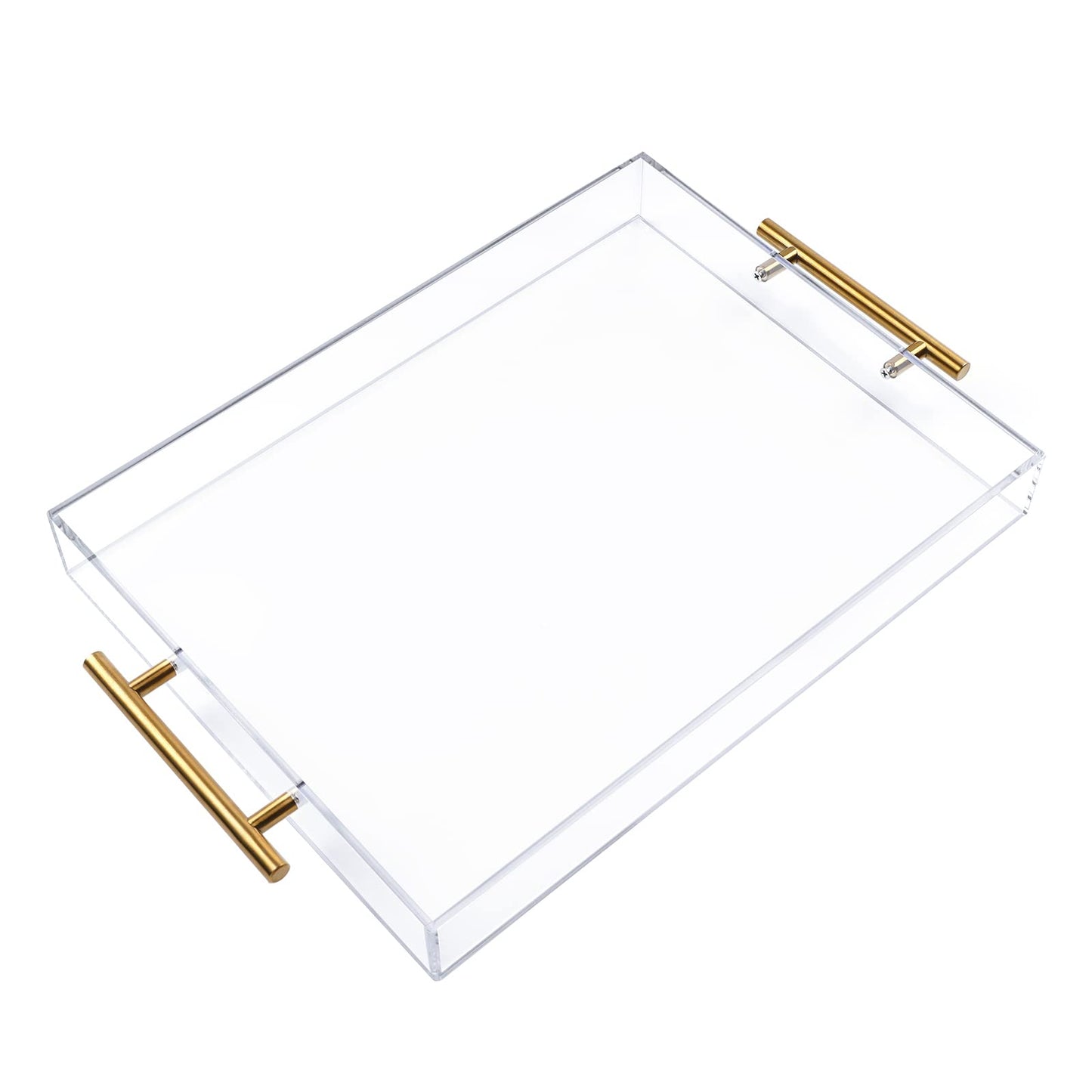 12"x16" Clear Acrylic Serving Tray with Golden Handles, Sturdy Huge Capacity Acrylic Tray for Coffee, Juice, Kitchen and Desk Organizer, Storage Tray (12"x16")