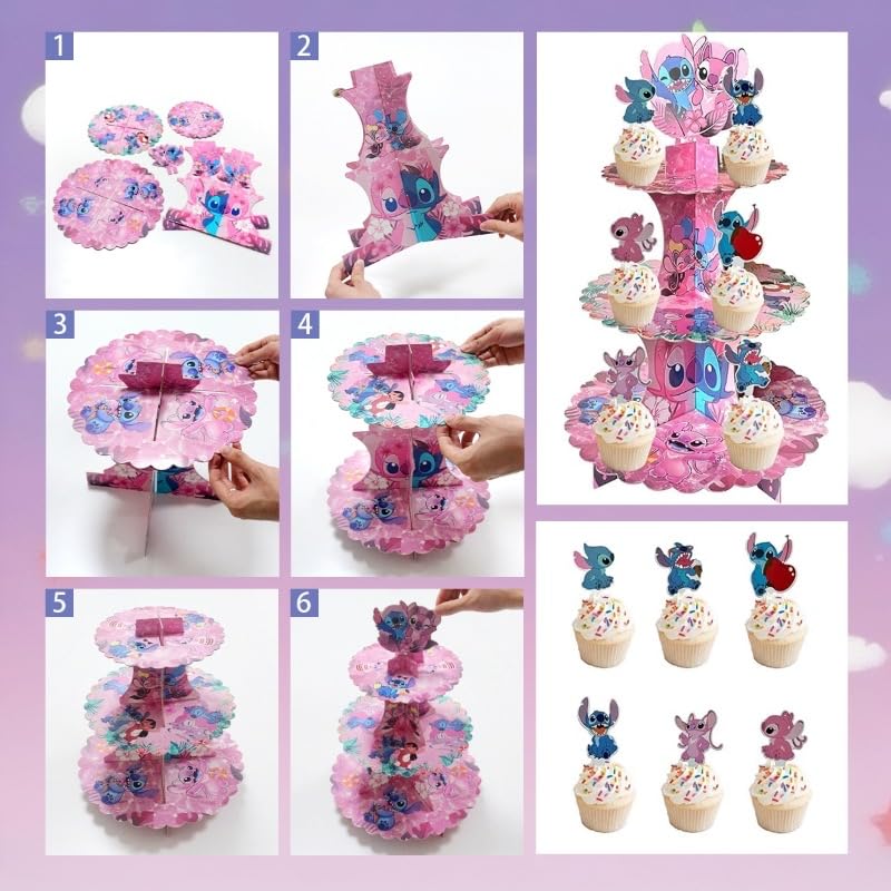 3-Tier Cupcake Stitch Pink Stand with 24Pcs Cupcake Toppers Stitch Birthday Decoration Party Supplies