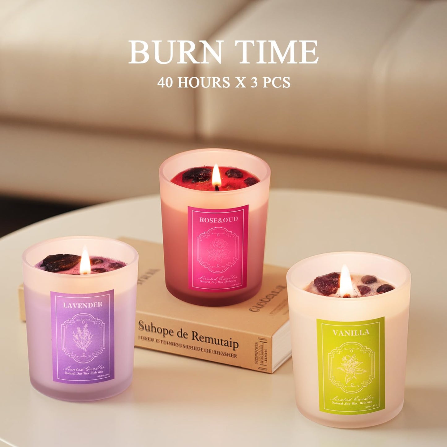 3 Soy Scented Candles for Women- 15OZ Candles for Home Scented with Crystals, Lavender/Vanilla/Rose Aromatherapy Candle Set for Bithday Gifts, Mother's Day, Anniversary, Christmas