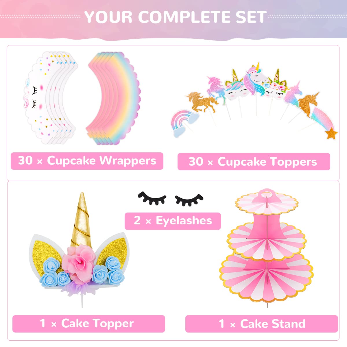 Unicorn Cake Decorations, Double-sided Unicorn Cupcake Wrappers & Toppers, 3-Tier Cake Stand, Unicorn Cake Topper for Unicorn Themed Parties, 68pcs
