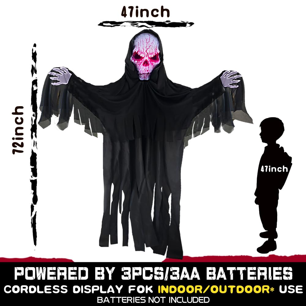 YOKUJITI 72" Halloween Animatronics Ghost Outdoor Decoration Hanging Faceless Animatronics Prop with Sound Activated, Scary Reaper with Light Mask in Dark Horror Robe for Haunted House