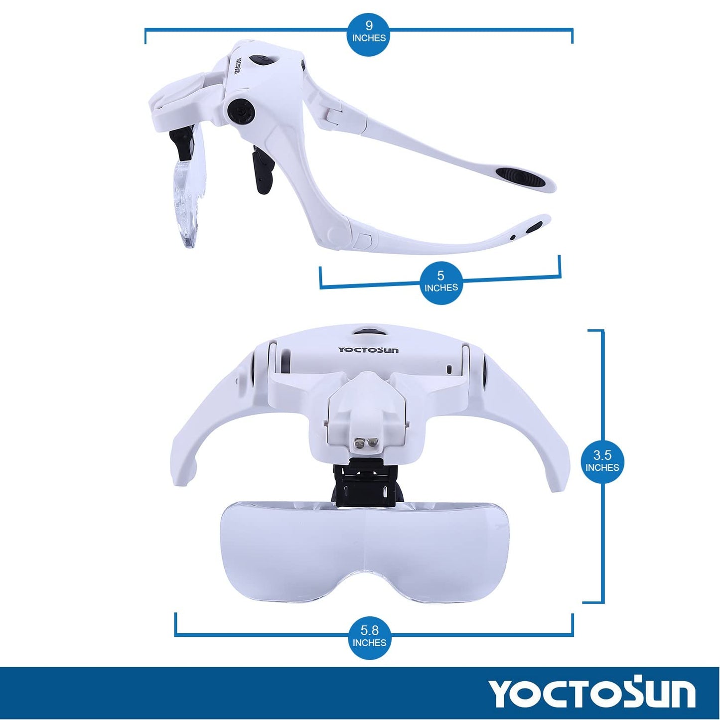 YOCTOSUN LED Head Magnifier, Rechargeable Hands Free Headband Magnifying Glasses with 2 Led, Professional Jeweler's Loupe Light Bracket and Headband are Interchangeable