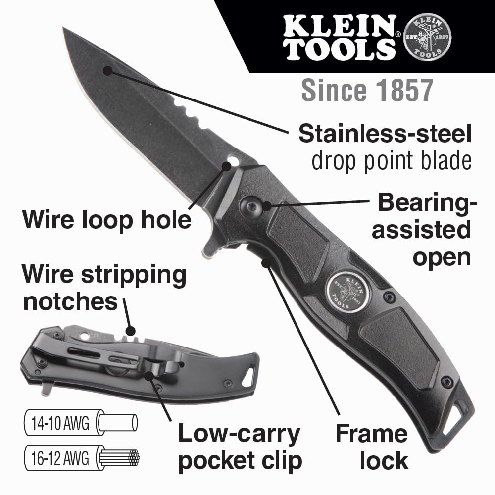 Klein Tools 44228 Folding Pocket Knife, Electricians EDC Knife, Black with Stainless Steel Blade, Bearing Assist Flipper Open, Belt Clip