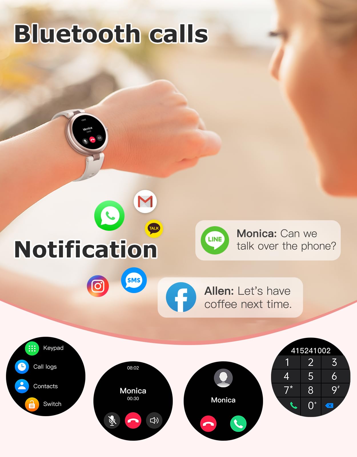 SHANG WING Fitness Tracker, Round Fitness Watches for Women with Bluetooth Call Heart Rate Monitor Sleep Tracker Calorie/Step Counter, Birthday Gift for Women Lady Mom Waterproof Starlight