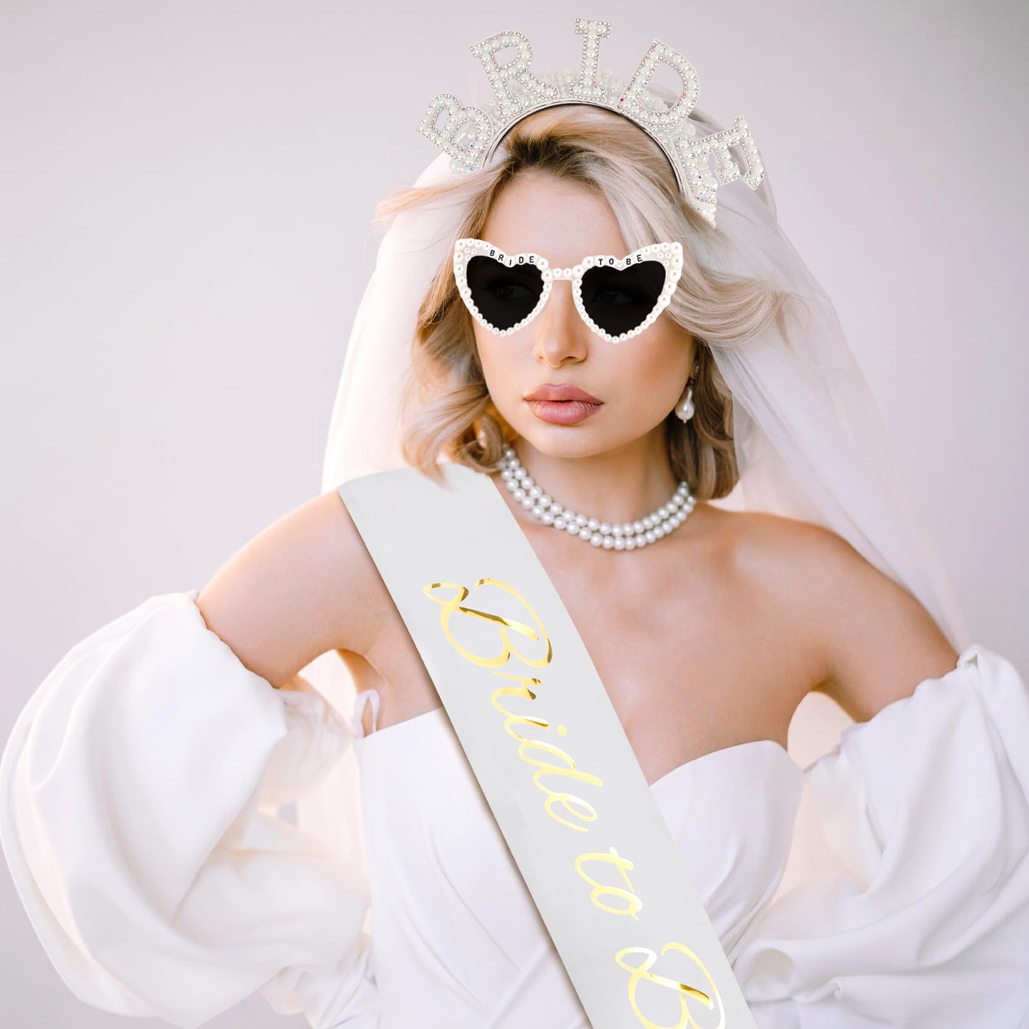 KICOSY 4PCS Bridal Set - Bride Headband, Heart-Shaped Sunglasses, “Bride to Be”Sash & Veil - Bachelorette Party, Bridal Shower, Wedding Photos & Ceremony