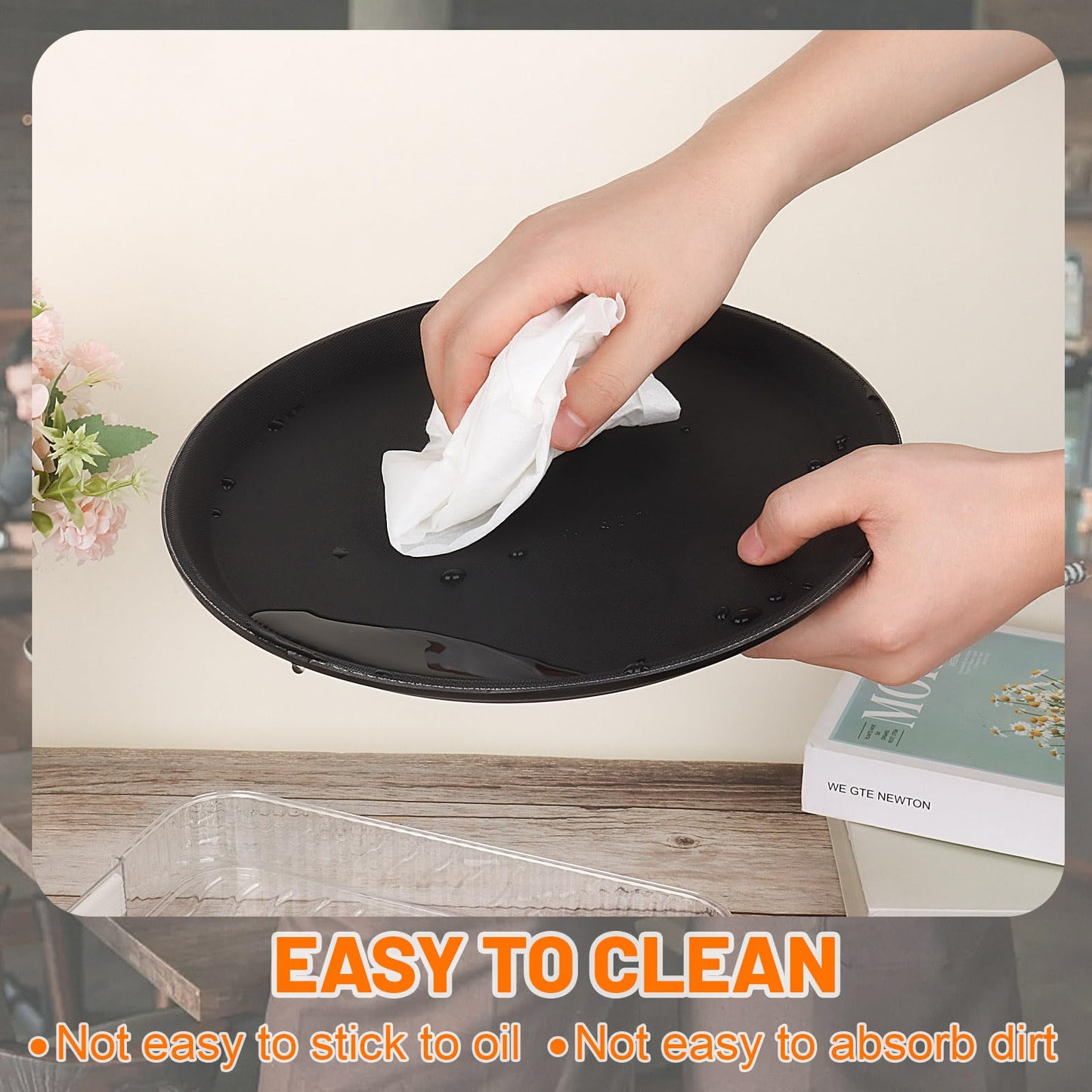 6 Pieces Restaurant Serving Tray, Non Slip Surface Round Tray Plastic Food Meals Server with Raised Edges for Home, Kitchen, Restaurant, Cafeteria, Bar, Hotel (Black, 6 Pcs 11 Inch)