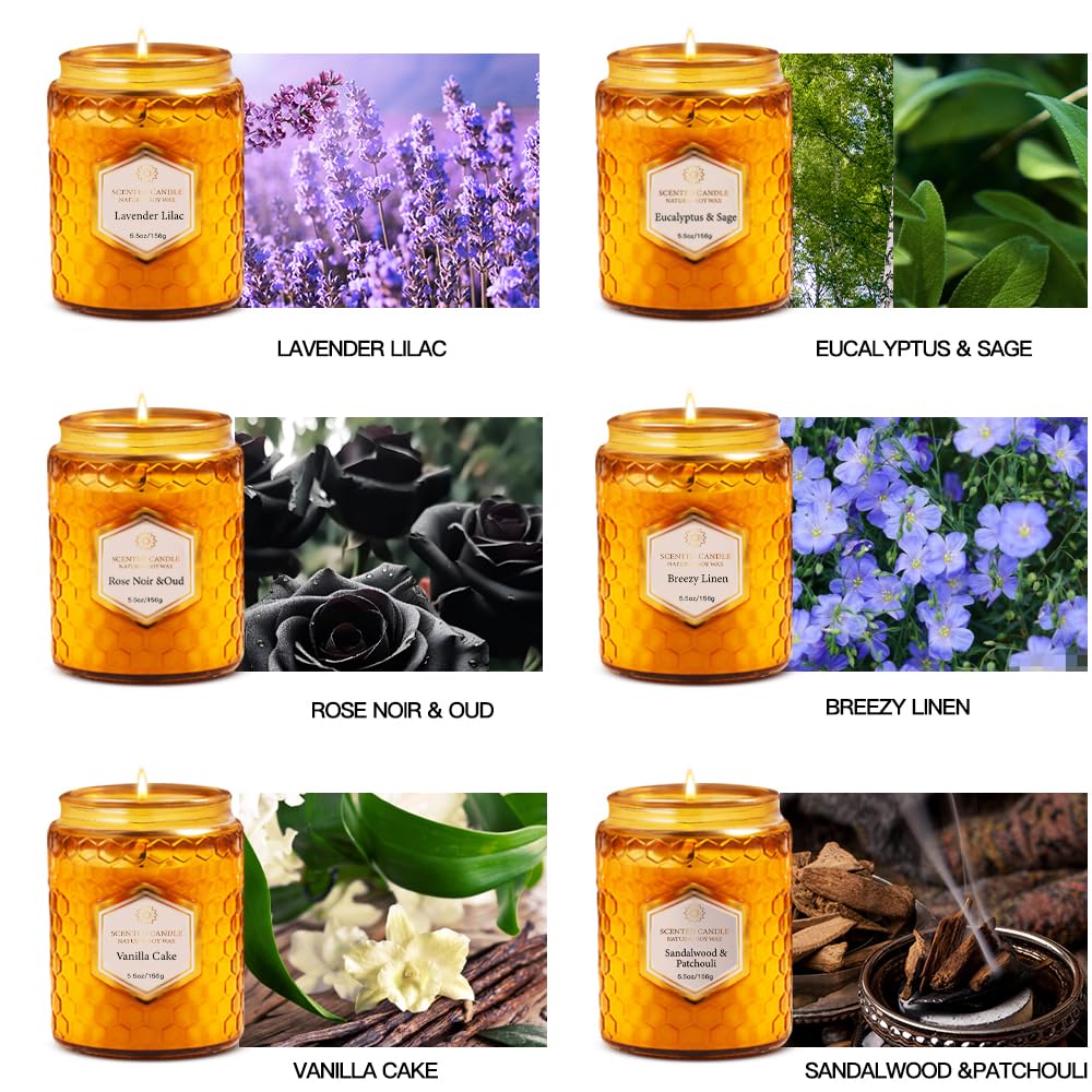 6 Pack Natural Soy Wax Jar Candles for Home Scented, Aromatherapy Gifts Sets for Women, 33 oz 240 Hour Long Lasting Candles Gifts for Birthday | Valentine's Day | Amber Candles|