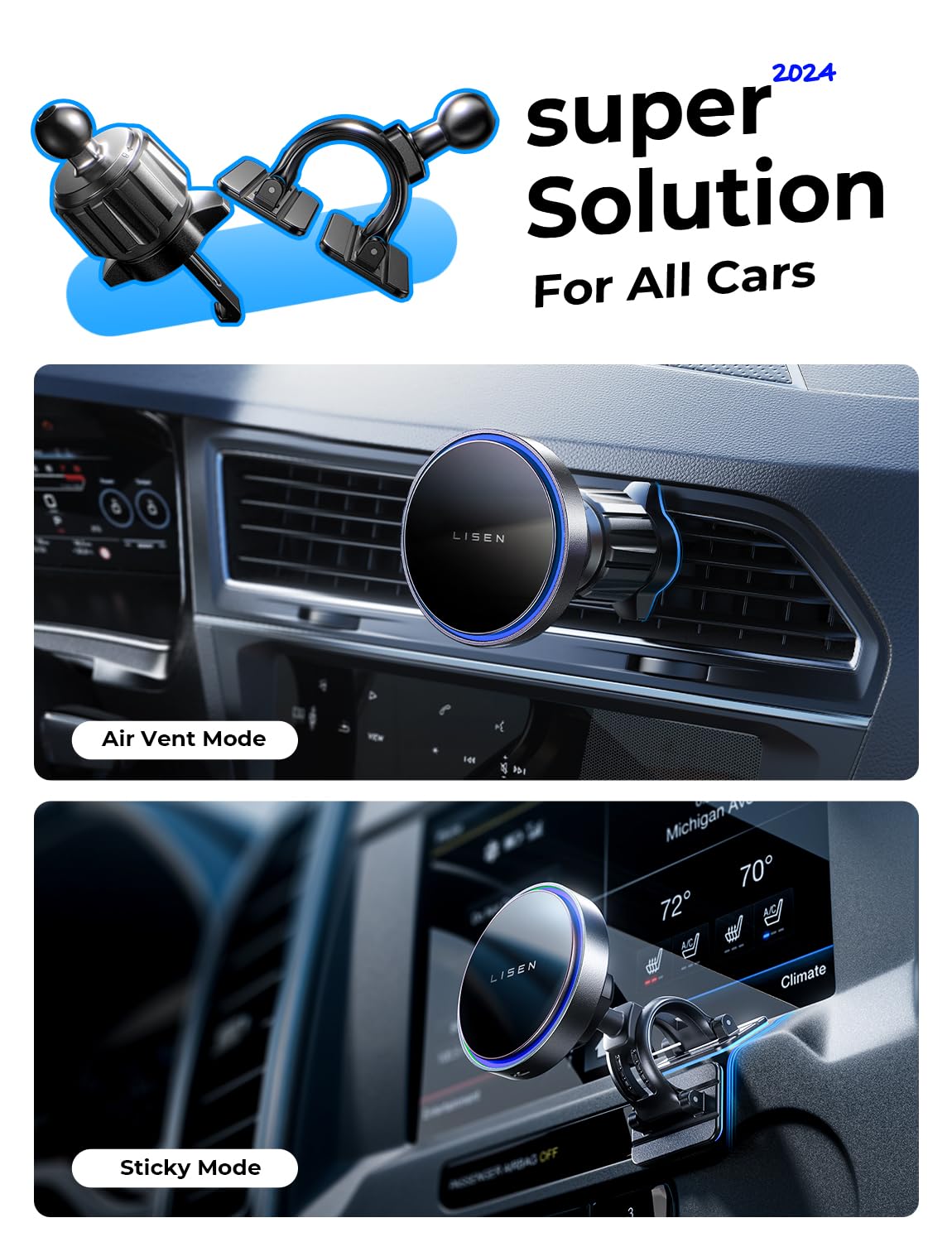 LISEN for 15W MagSafe Car Mount Charger,Magnetic Wireless Car Charger for iPhone 16 Pro Max Accessories,Magnetic Phone Holder for 17 iPhone 16e 15 14 13 12,Samsung & Pixel with MagSafe,Gifts