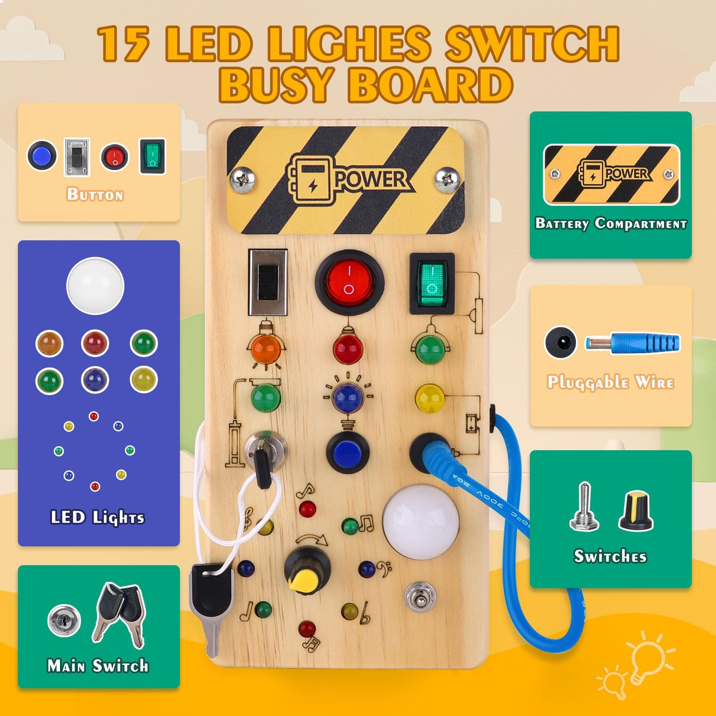 Montessori Wooden Busy Board with 8 LED Light switches, Sensory Toys Light Switch Travel Toys for 1+ Year Old Baby and Toddler