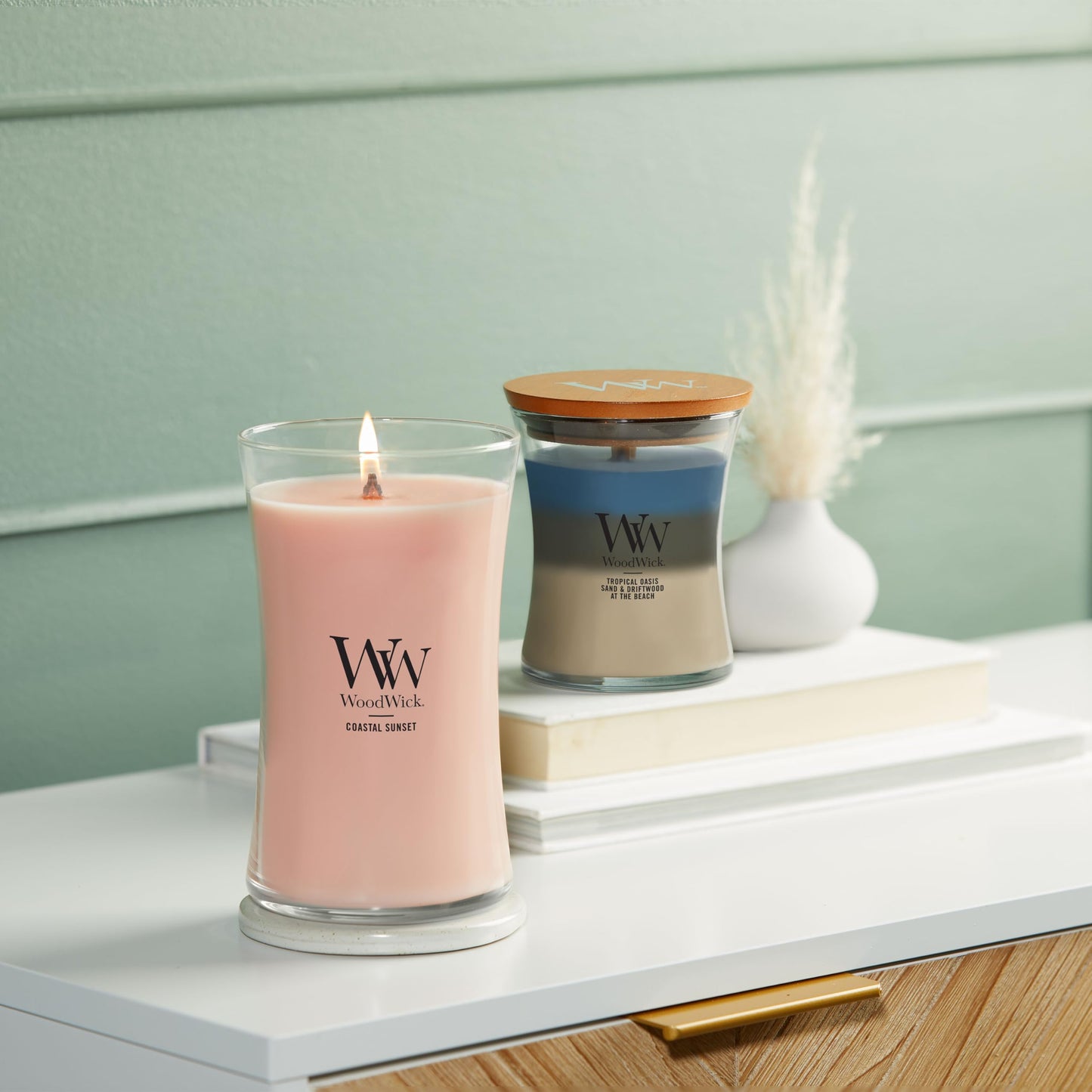 WoodWick Large Hourglass Candle Coastal Sunset Scent Crackles as it burns Premium Soy Blend Wax 21oz Perfect for gifting