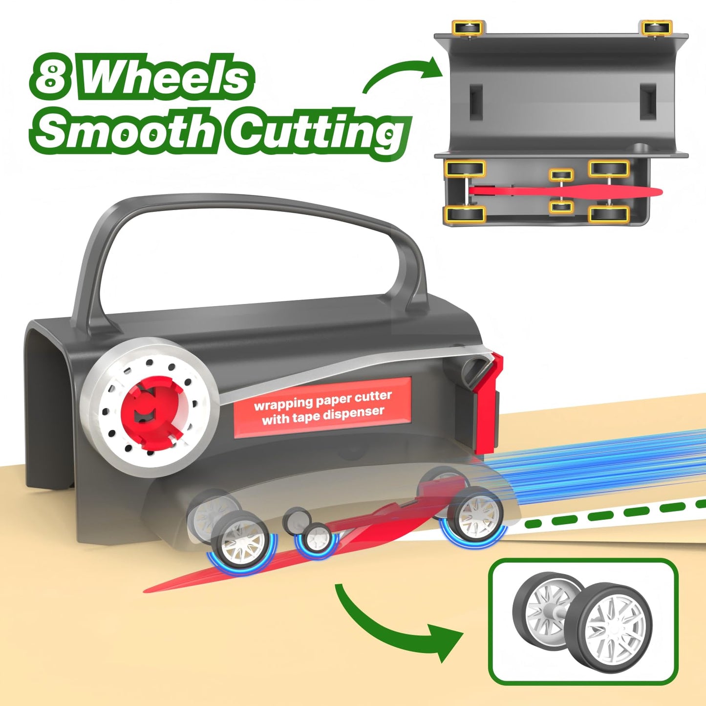 Wraprocut (2-Pack) Wheel Wrapping Paper Cutter & Tape Dispenser with 4 Tapes,2 Replace Blades Kit for Christmas Gift Wrap Cutter Tool Paper Roll Holder Tube Sliding Slicing for Birthday Holiday.