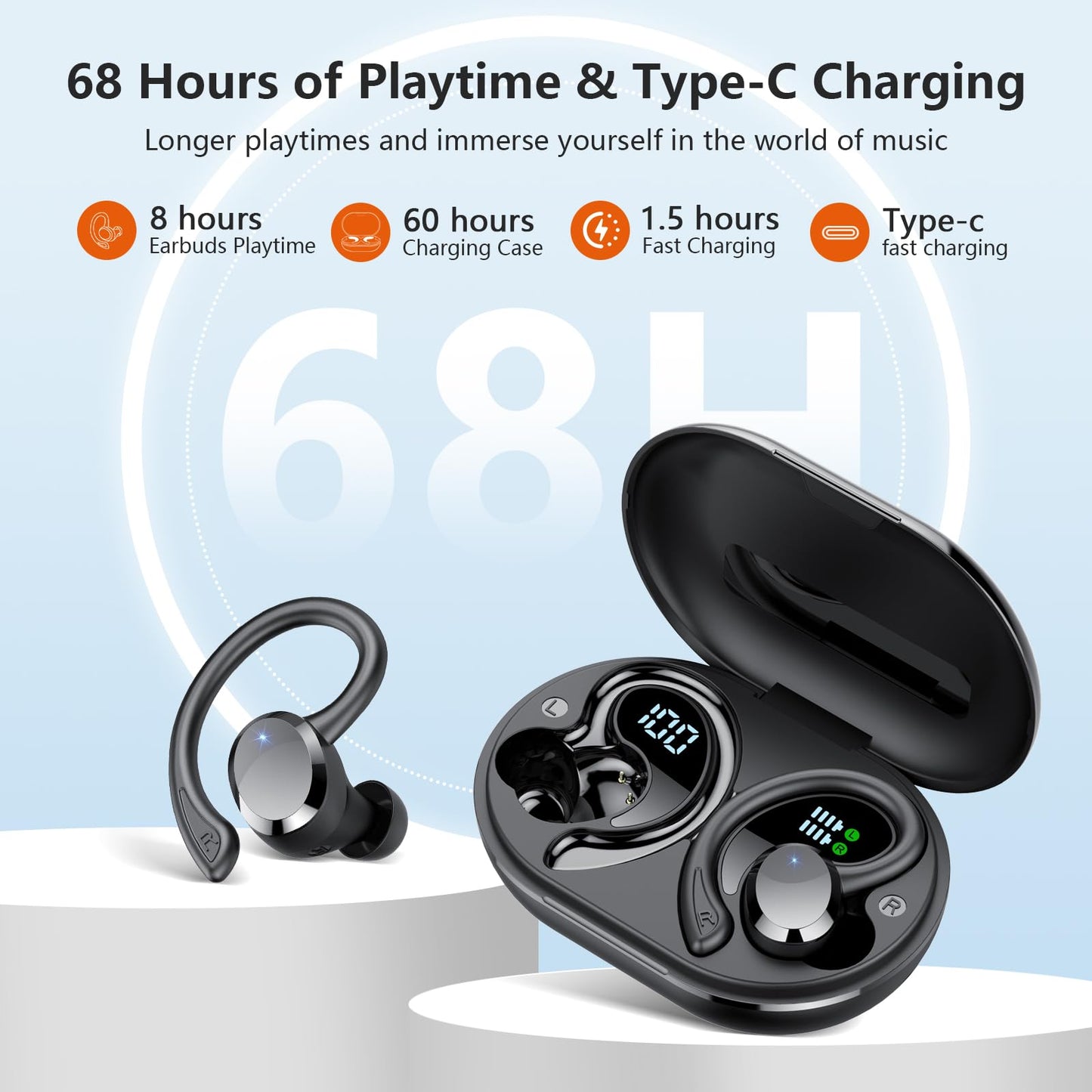 Wireless Earbuds, 2025 New Bluetooth 5.4 Headphones Sport Earphones with 68Hrs Playtime LED Display ENC Noise Cancelling Mic, IPX7 Waterproof Over Ear Ear Buds with Hook for Sports/Running