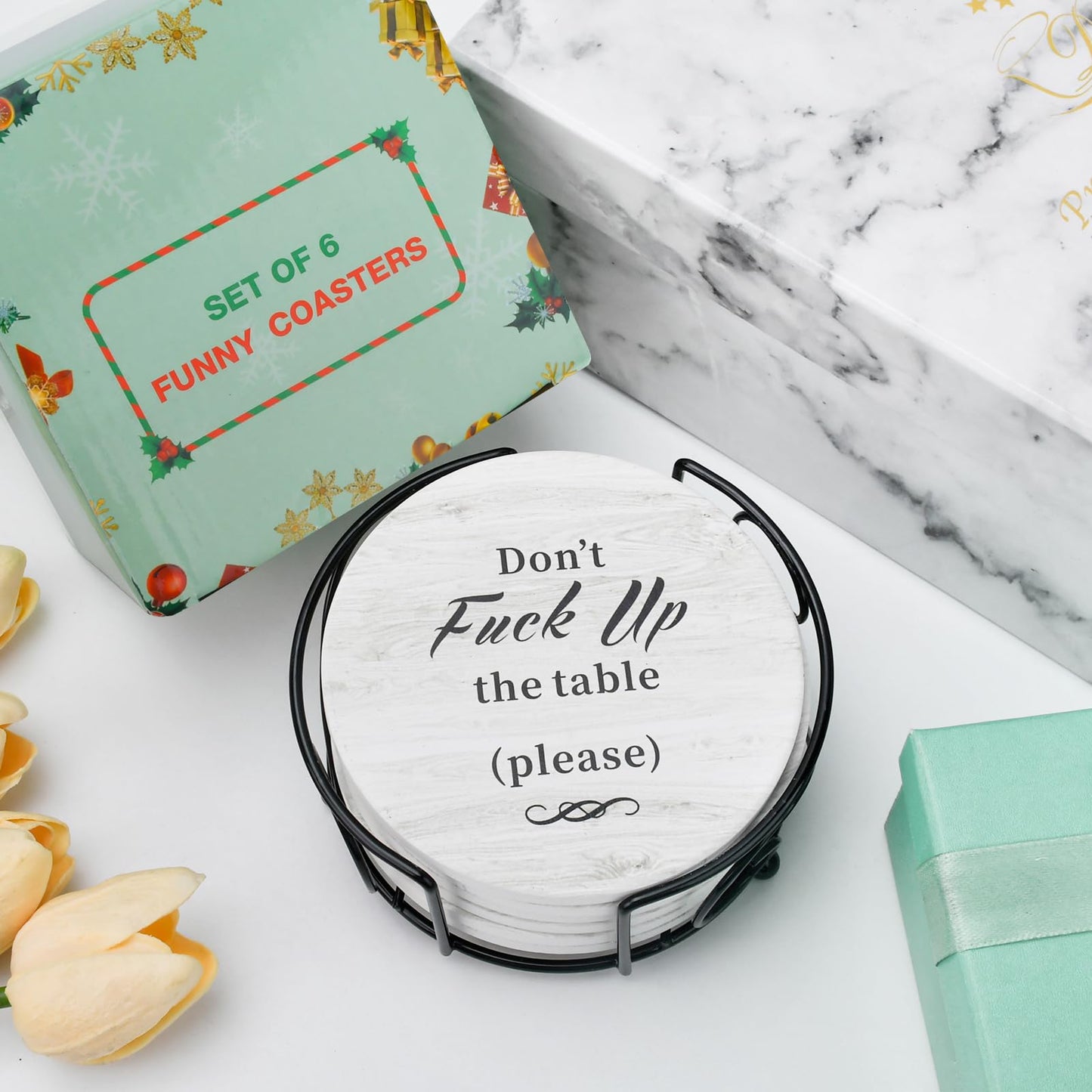 White Elephant Gifts for Adults, Funny Coasters Set of 6 with Holder Christmas Stocking Stuffers for Men Women, Gag Gifts Couples Birthday Housewarming Secret Santa Cool Friend Presents for Her Him