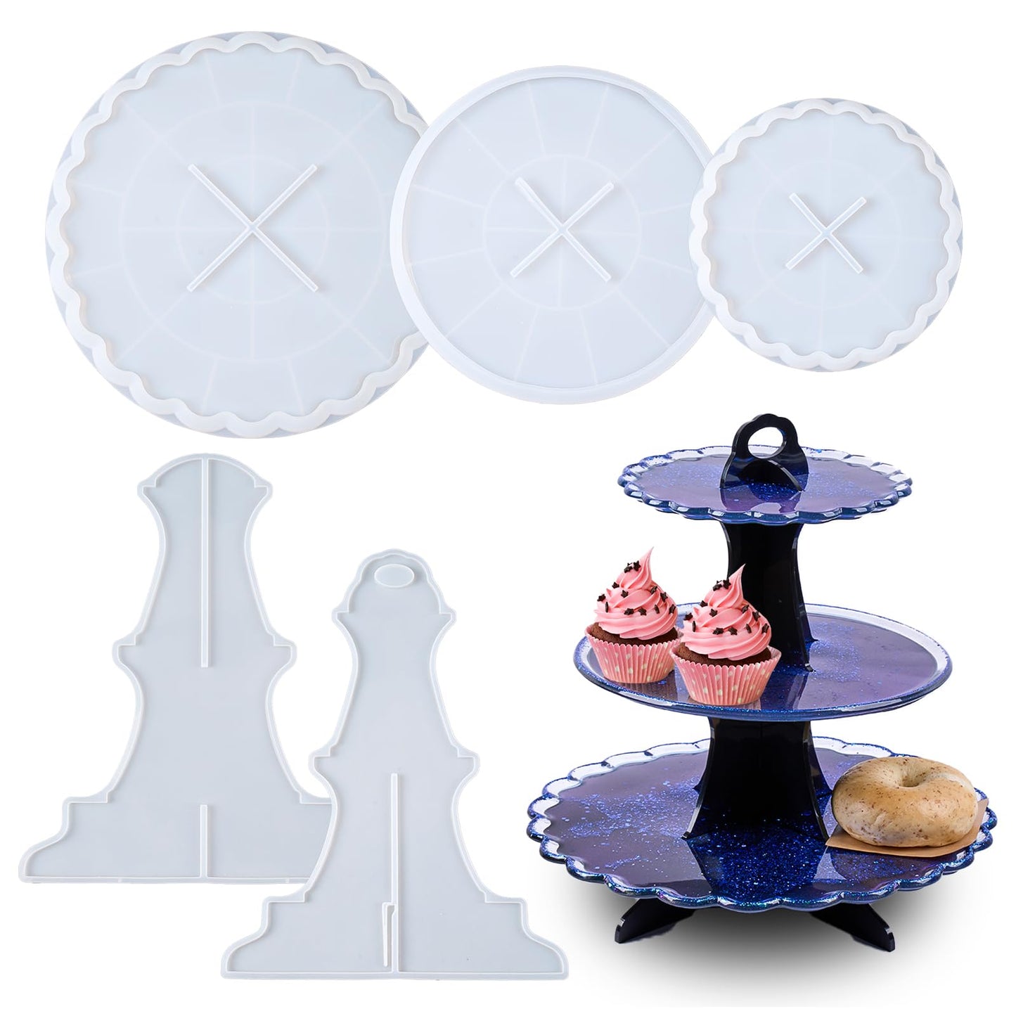 3 Tier Cake Stand Epoxy Resin Silicone Molds 5Pcs Set Tiered Round Stand for Cupcakes, Fruits, Dessert or Tea Dessert Tower Tray for Party and Wedding