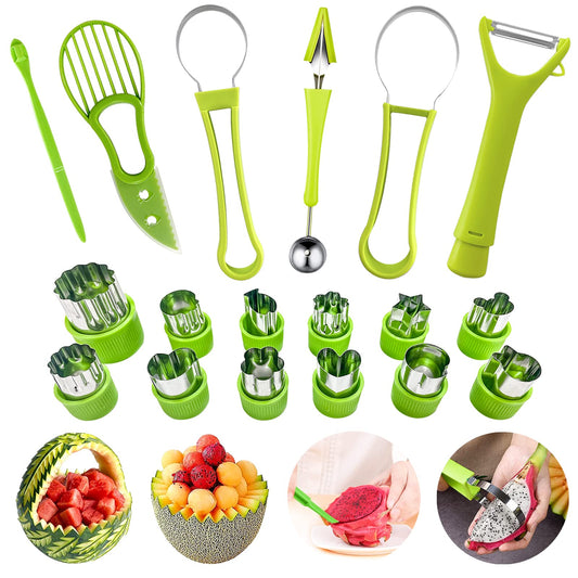 18pcs Melon Baller Scoop Set, FODIENS 4 In 1 Stainless Steel Fruit Slicer Peeler Set, Avocado Slicer Orange Peeler Fruits Vegetables Carving Tools Set with Mini Fruit Cookie Cutters Set