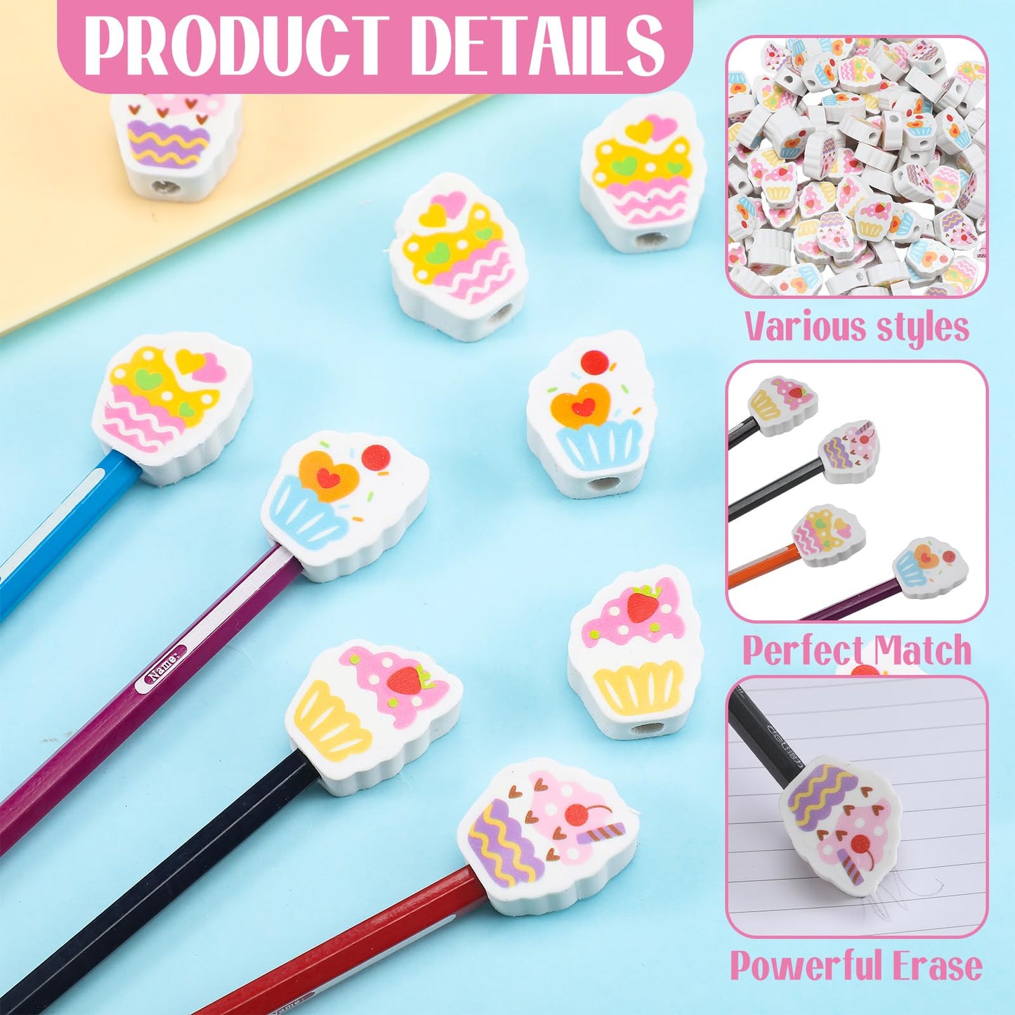 120 Pcs Cute Mini Cupcake Pencil Erasers for Kids Bulk Happy Birthday Pencil Topper Novelty Erasers for Party Favor Back to School Home Work Rewards Teacher Reward Supplies Gift Filling