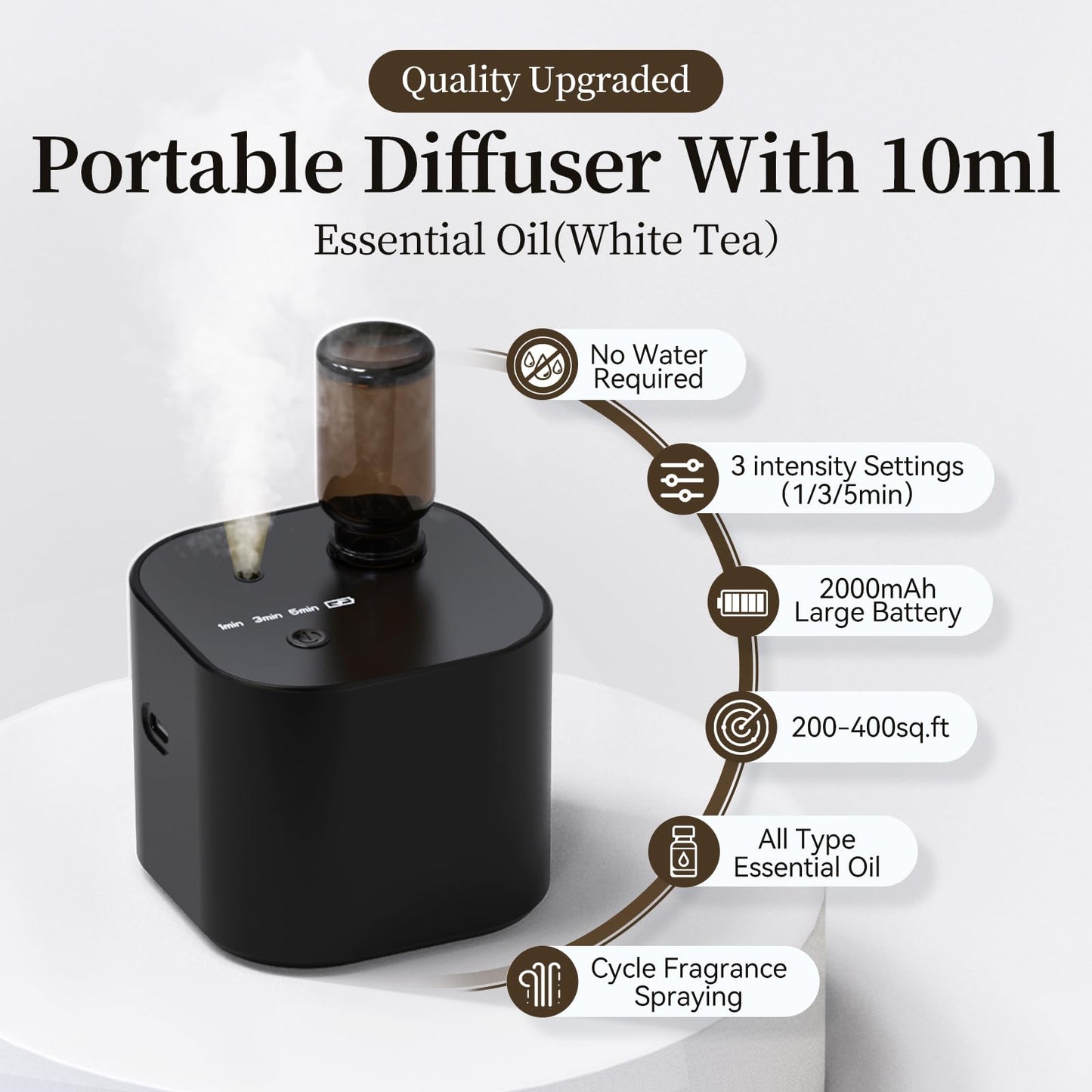 Scent Diffuser Waterless Essential Oil Diffusers with 3 Mist Modes,Cycle Start,Cordless Aroma Air Machine for 200 sq.ft Home/Office/Bedroom,Ultra Quiet,Includes 10ml Oil,Black