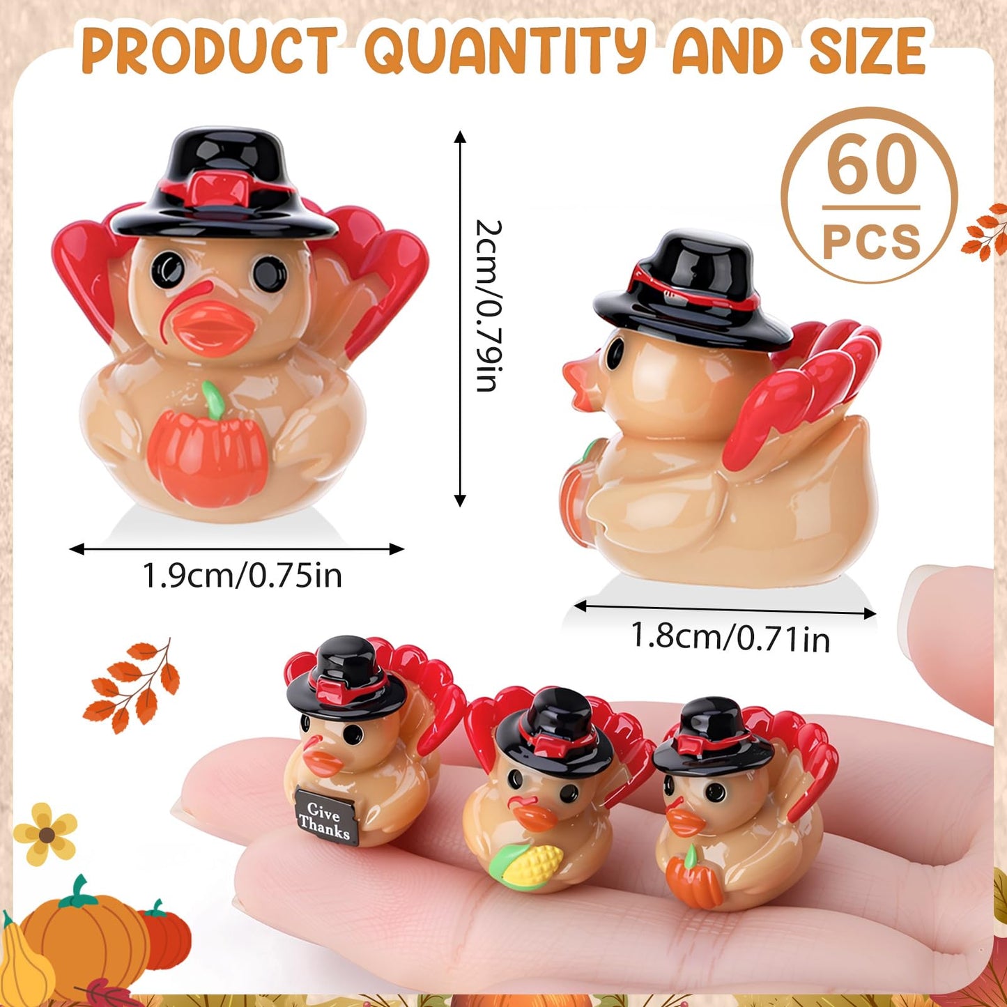 GGSTDDUP 60 Pcs Thanksgiving Mini Resin Ducks, Tiny Turkey Ducks, Miniature Turkey Figurines, Novelty Thanksgiving Party Favors Gift Decoration (Give Thanks, Corn, Pumpkin)