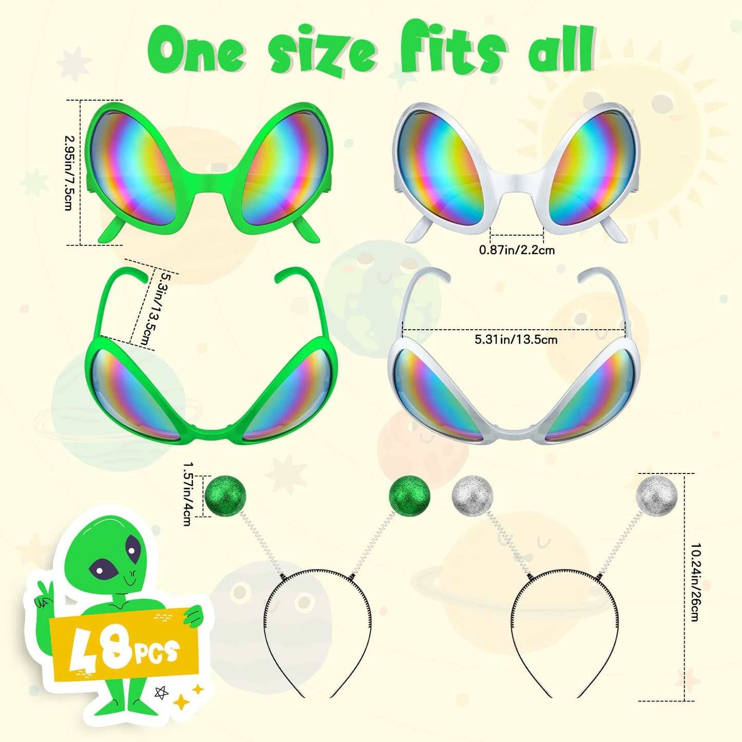 Yuxung 48 Pcs Alien Glasses and Headband Set Alien Rainbow Lens Sunglasses Glasses Boppers Antenna Glitter Martian Headband