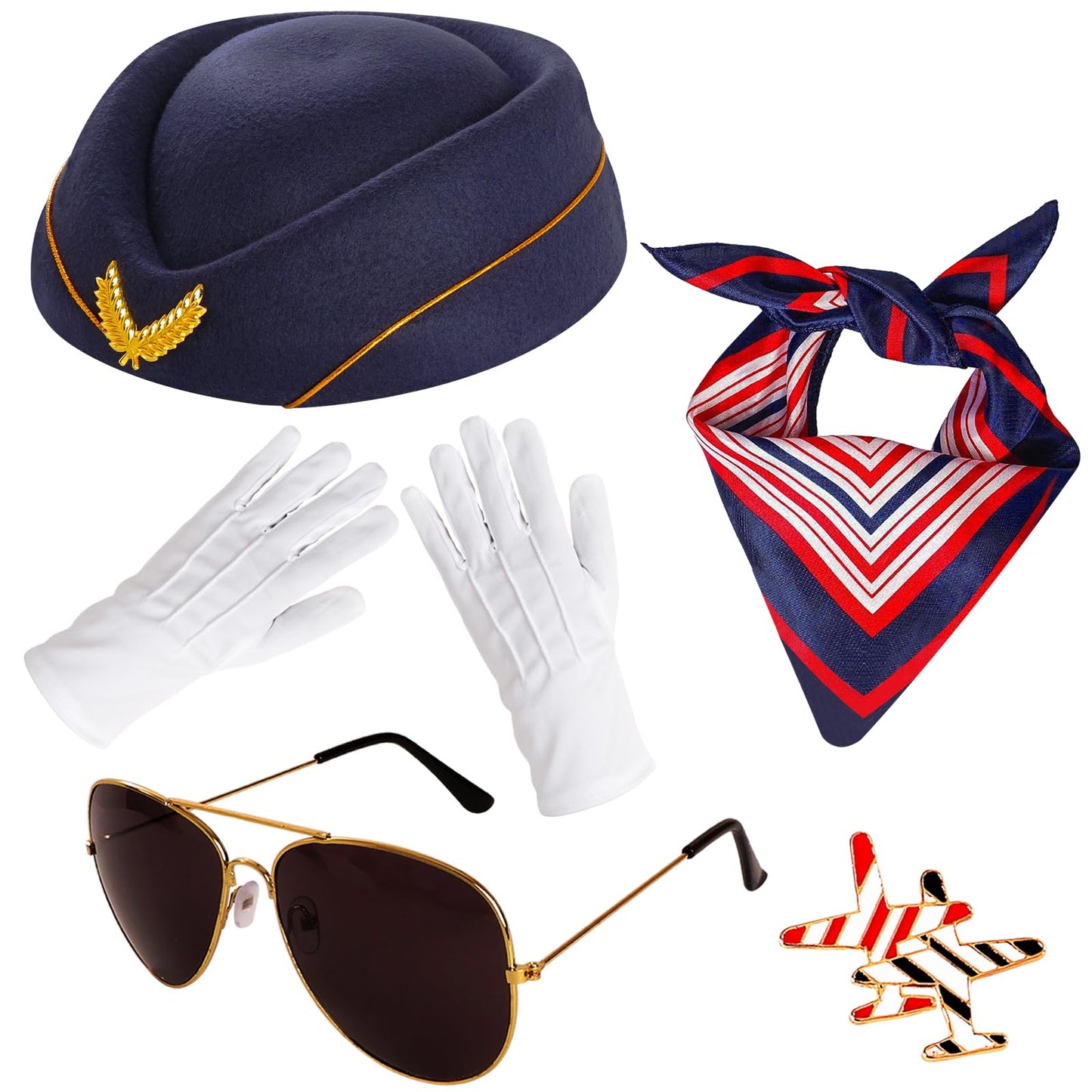 6 Pcs Flight Attendant Costume Accessories Women Airline Stewardess Outfits Flight Attendant Hat Pin Sunglasses Scarf Gloves