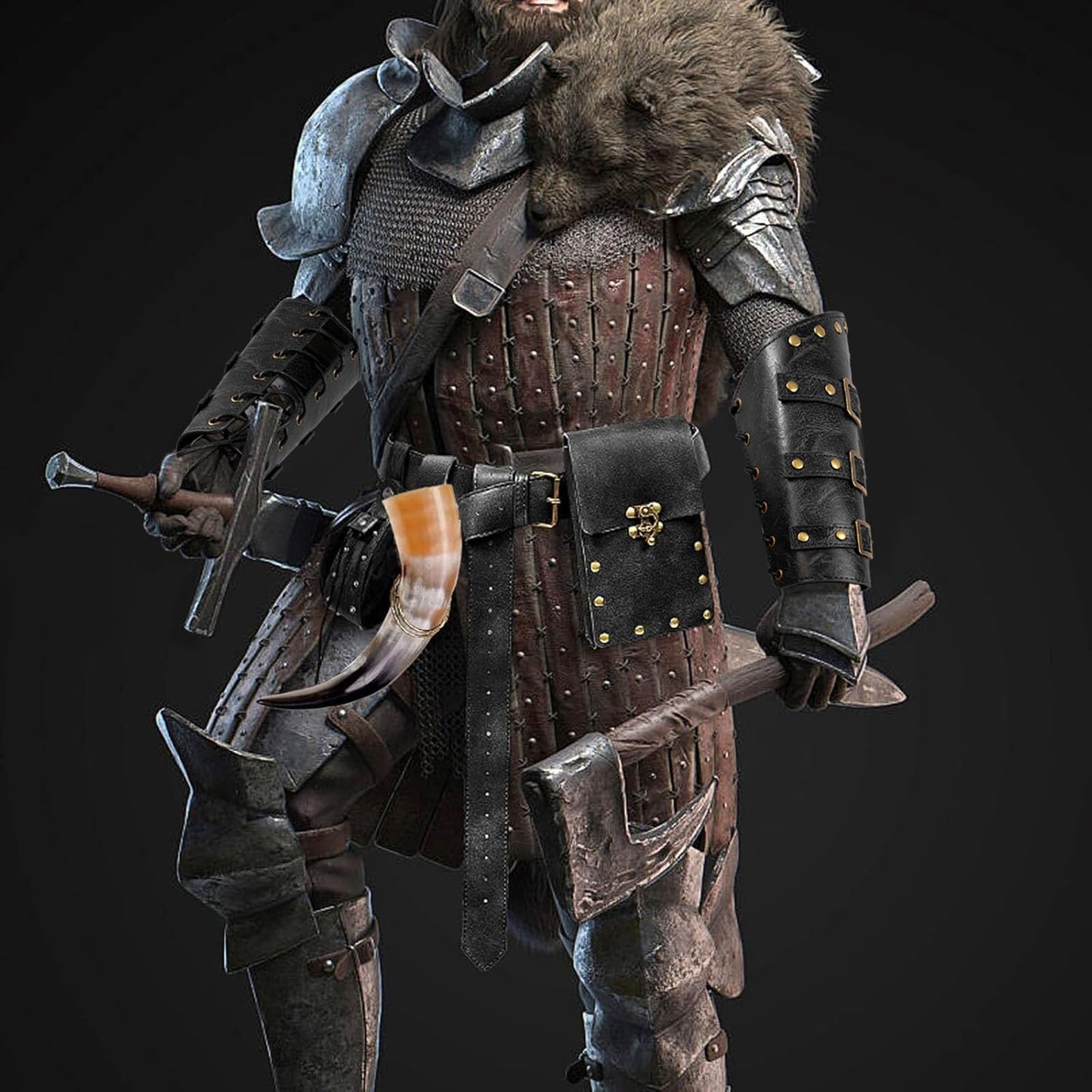 Renaissance Belt Pouch Purse Viking Bracer Hook Halloween Set Medieval Festival Costume Accessory Casual Fanny Pack Waist Bag (Dual-Black)