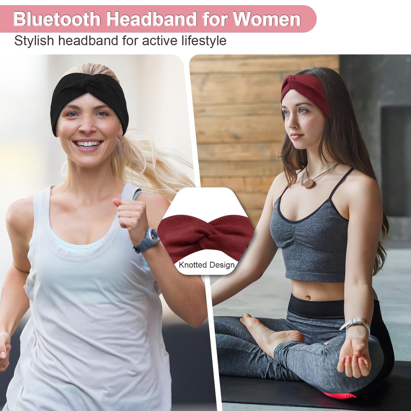 2-Pack Headband Headphones with Thin HD Speakers, Bluetooth Headband for Women, Stylish Knotted Design, Wireless Bluetooth Headphones for Workout, Daily Life, Yoga, Travel, Meditation - Red&Black