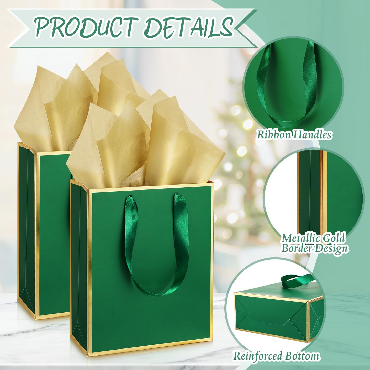 Yeaqee 24 Pack Metallic Paper Gift Bags with Handle and Tissue 9x7x3.1 Gold Foil Welcome Favor Bags Return Gifts for Wedding Fall 5 Senses Christmas Bridesmaid Birthday(Green Gold)