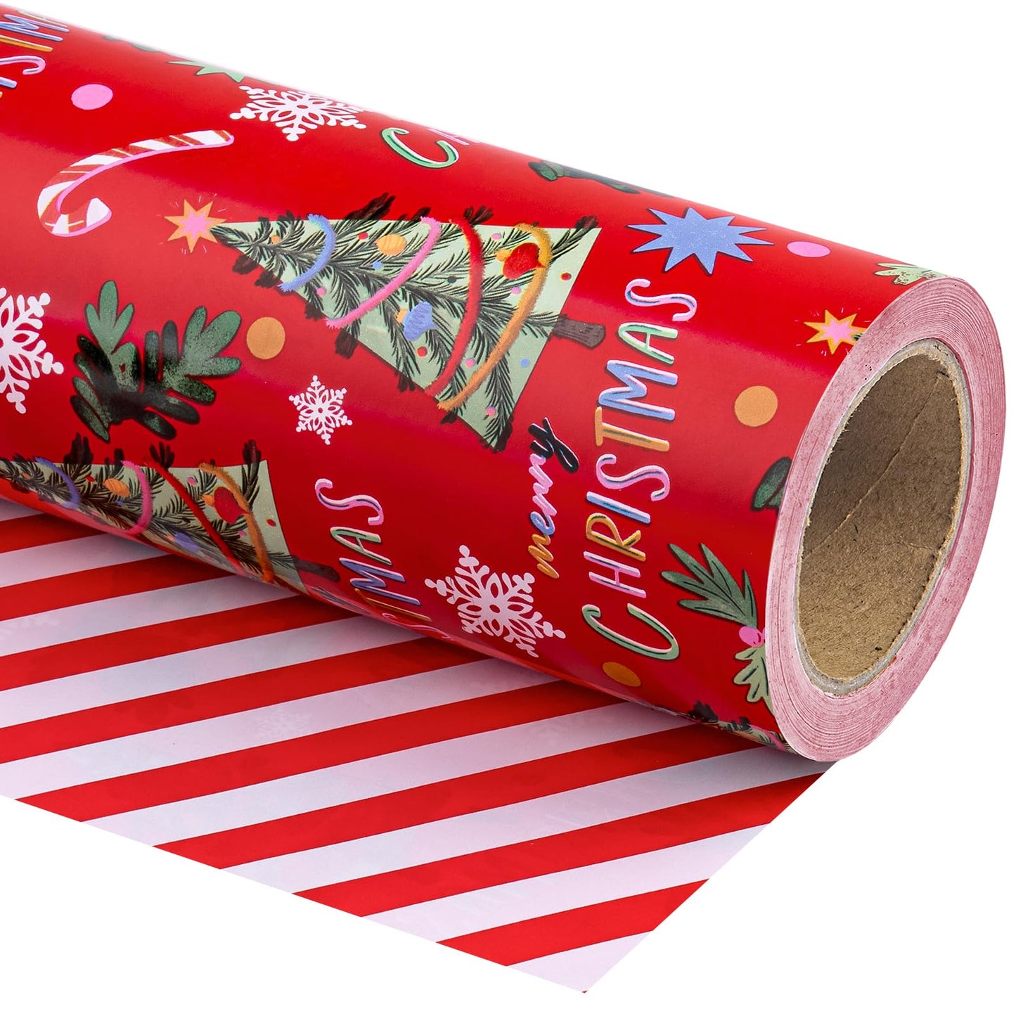 WRAPAHOLIC 30 Inch Jumbo Reversible Christmas Wrapping Paper - 30 Inch x 33 Feet - Red Christmas Tree Wrapping Paper and Stripe Design for Holiday, Party Celebration