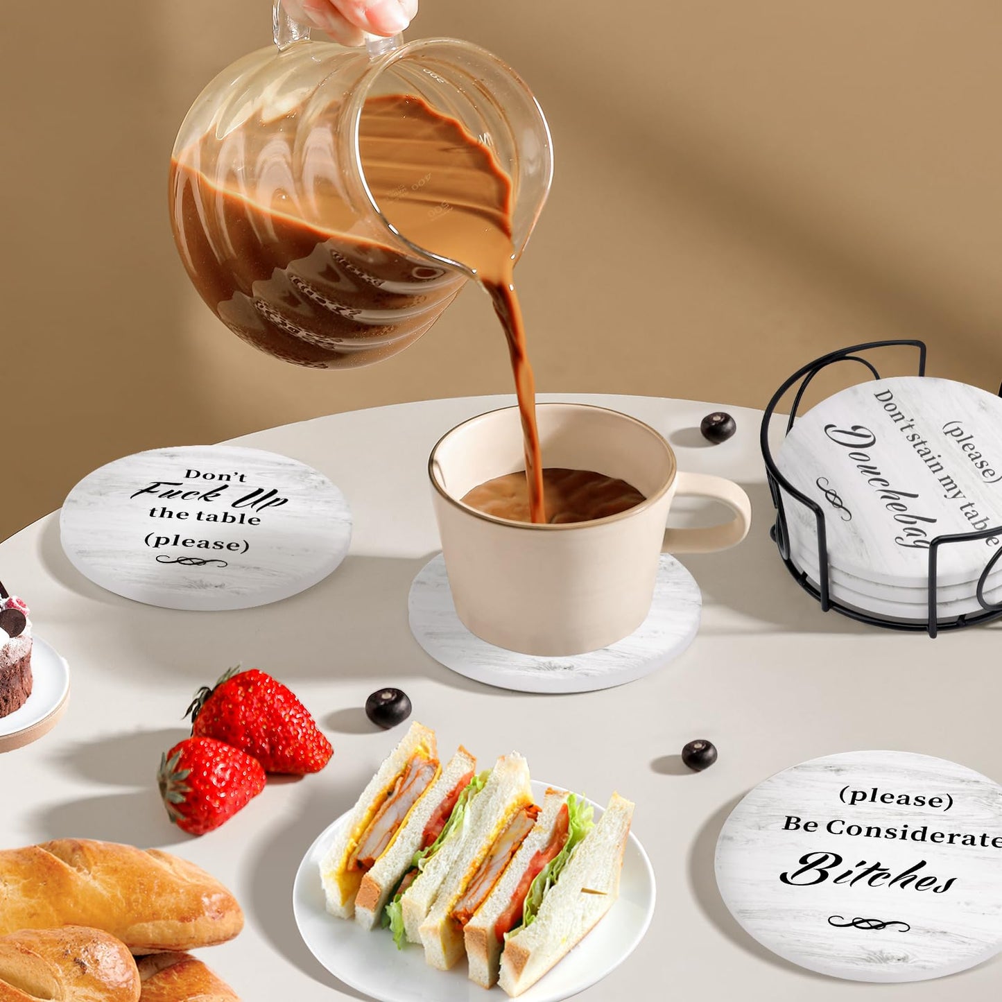 White Elephant Gifts for Adults, Funny Coasters Set of 6 with Holder Christmas Stocking Stuffers for Men Women, Gag Gifts Couples Birthday Housewarming Secret Santa Cool Friend Presents for Her Him