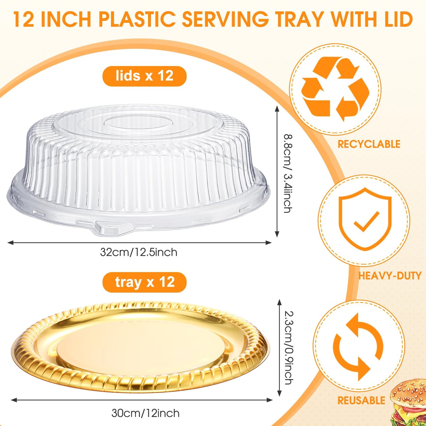 Nitial 12 Pcs Plastic Serving Tray with Lid Heavy Duty Elegant Platters Gold Catering Trays Round Stackable Disposable Containers with Clear Lids for Party Fruit Cake Sandwich Takeout Food (12 Inches)