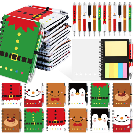 48 Pcs/24 Set Christmas Spiral Notepads Bulk Christmas Party Favors Gift Festive Christmas Theme Notebook with Sticky Note Notepad Ballpoint Pen for Kids School Party Holiday Stocking Stuffers (Classic)