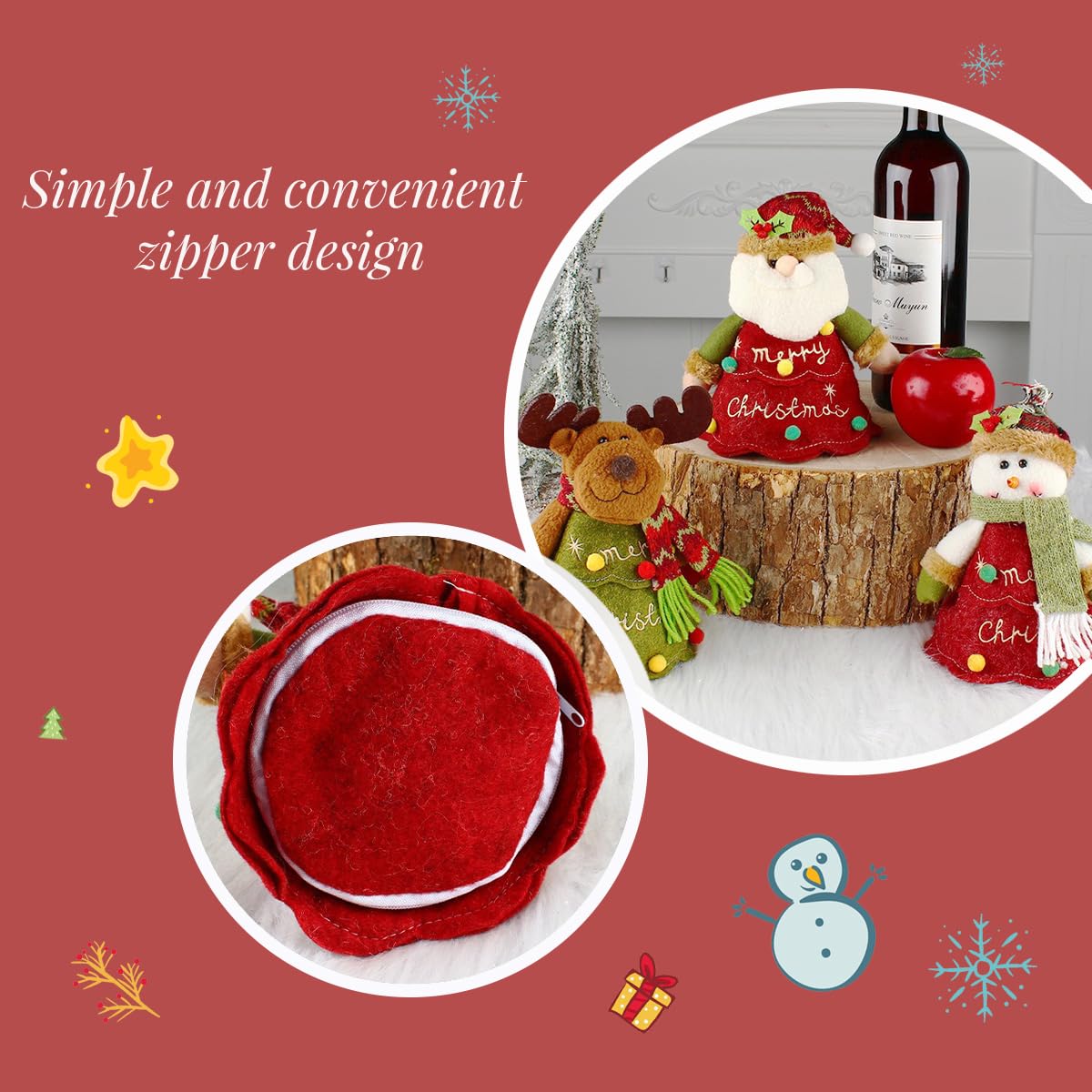 WGXIA 6Pcs Flax Christmas Apple Bags Zipper Reusable 2026 New Chritmas Eva Santa Snowman Snowflake Deer Shaped Apple Candy Bags Bulk Storages For Chritmas Party Decor (B-3pcs)