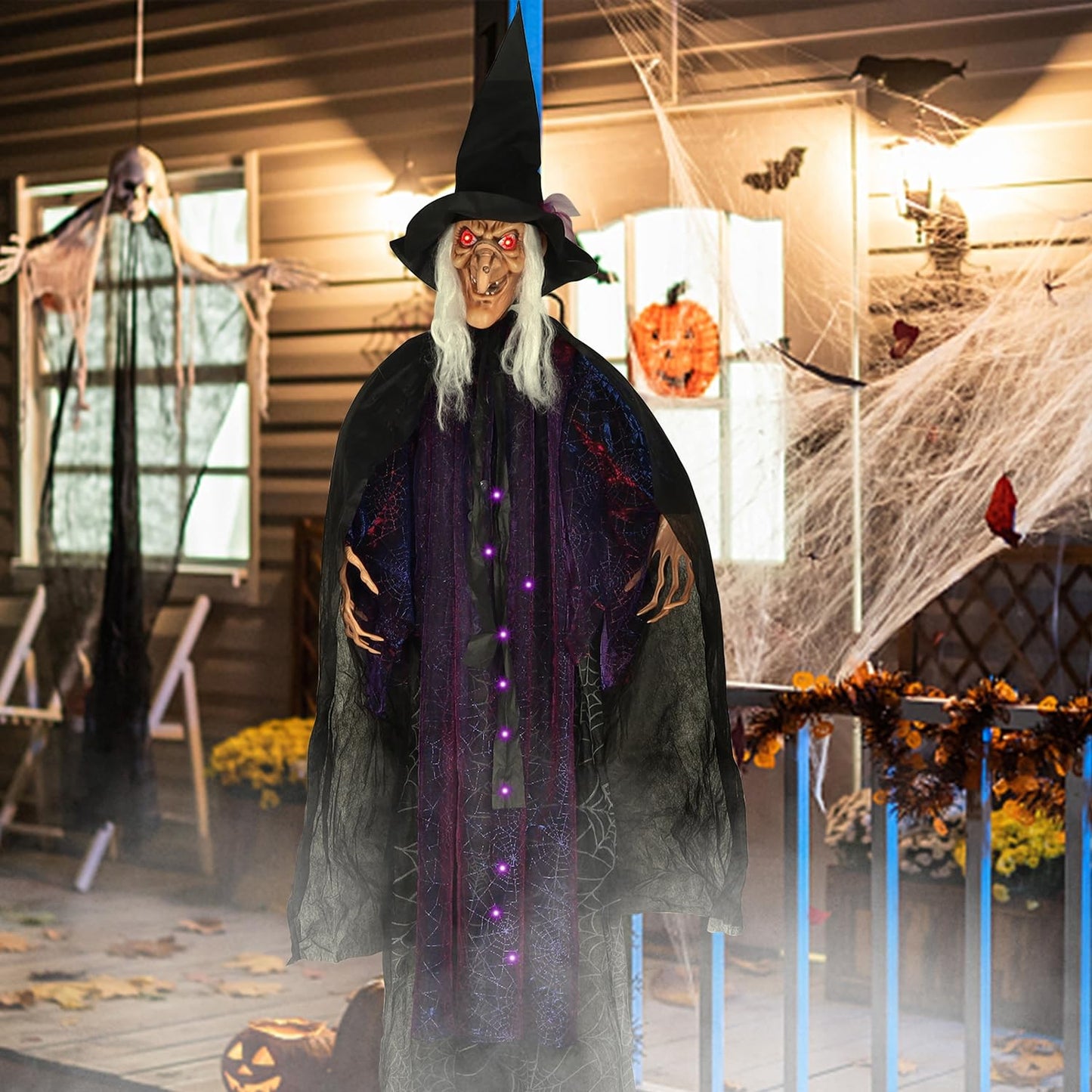 yosager 6FT Halloween Standing Witch with Scary Sound Effect & Red Eyes, Life Size Animated Scream Witch with Base, Halloween Haunted House Scary Props, Theme Park Horror Layout Party Decoration