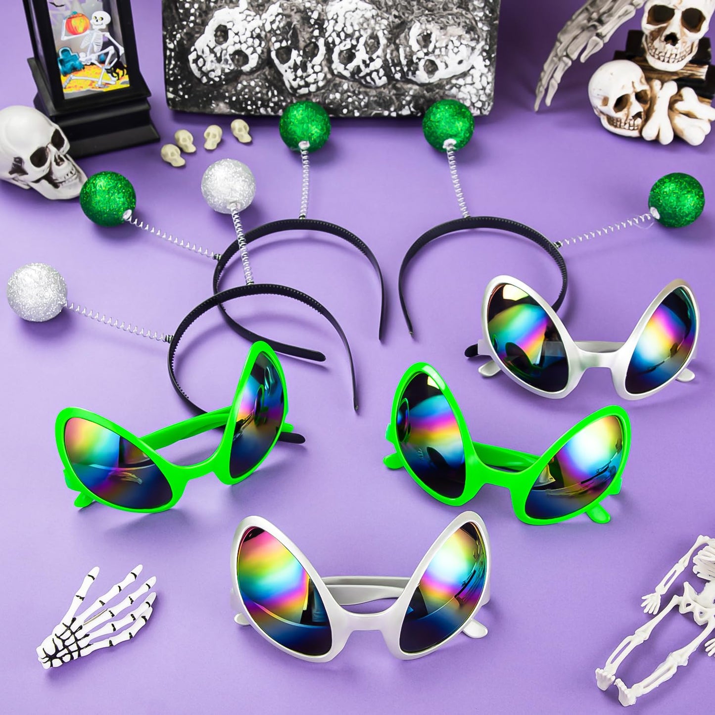 GDZRDFLH 12pcs Alien Headband Glasses and Martian Antenna Halloween Party Accessories Rainbow Lens Sunglasses Antenna Headband Boppers for Halloween Alien Theme Party