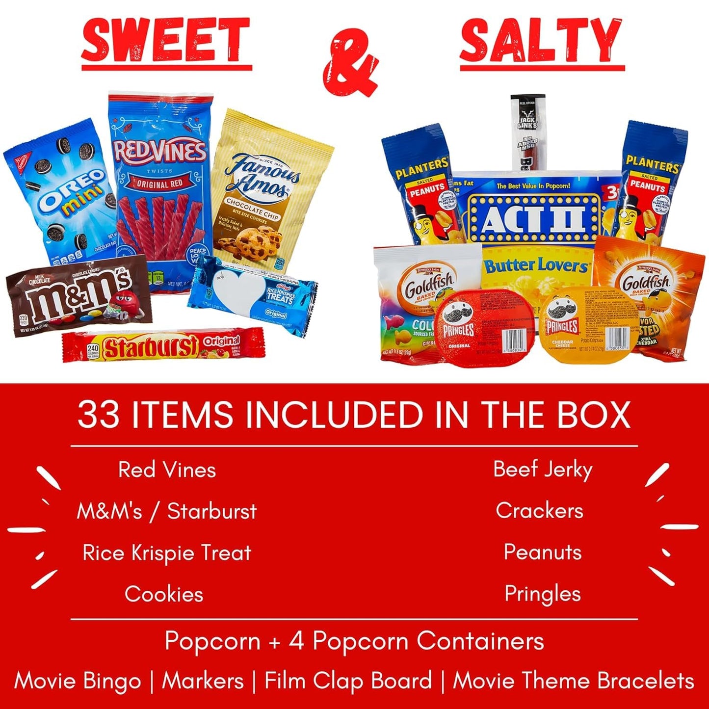 Movie Night Gift Basket – 33-Piece Gift Box with Popcorn, Candy, Snacks & Bingo – Birthdays, Date Night, Family, Kids, Adults, Mom, Dad, Teens, Christmas, Mothers Day, Fathers Day, Raffle & Fundraiser