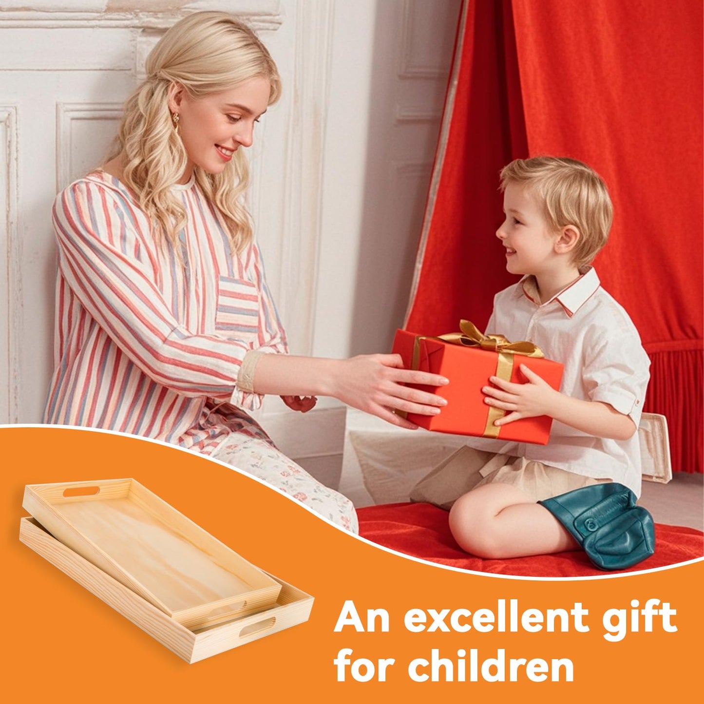 Wooden Serving Trays with Handle - 2 Pieces Unfinished Wood Nested Breakfast Food Serving Trays for Craft Kids Montessori Snacks Home Decor Kitchen Party Dinner