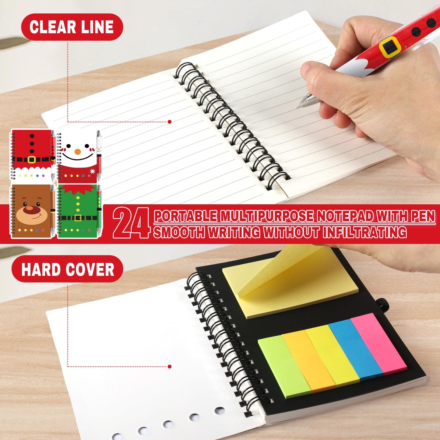48 Pcs/24 Set Christmas Spiral Notepads Bulk Christmas Party Favors Gift Festive Christmas Theme Notebook with Sticky Note Notepad Ballpoint Pen for Kids School Party Holiday Stocking Stuffers (Classic)