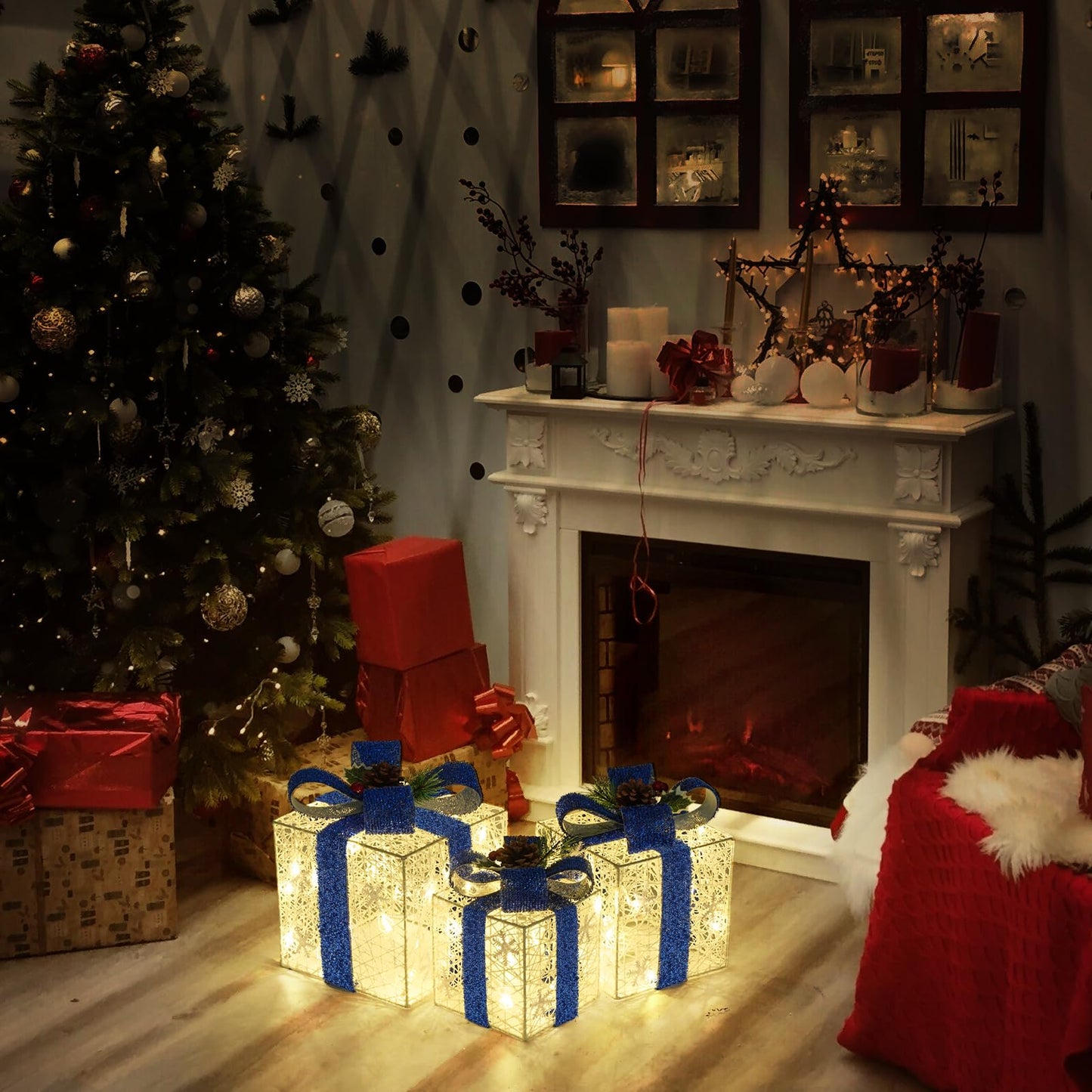 Christmas Decorations, Set of 3 Christmas Lighted Gift Boxes, Battery Operated Xmas Present Boxes, Warm White LED with Bows for Indoor Christmas Tree, Yard, Home Decor (Blue Bow)