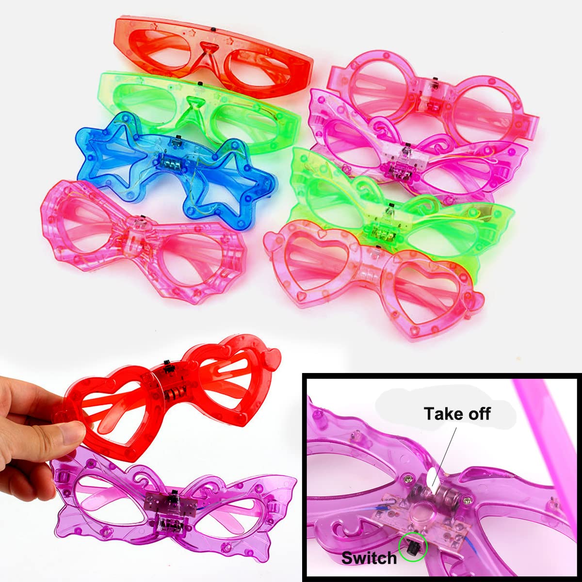 24 Packs LED Glasses for kids Glow in the dark Party Supplies Favor,6 LED 6 Shapes Glasses Flashing Plastic Light up Glass Toys Bulk 3 Replaceable Battery fit Halloween Christmas Thanksgiving