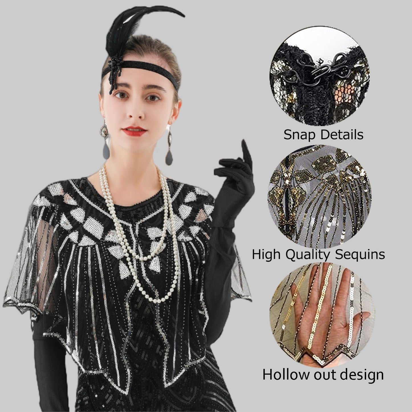 1920s Flapper Accessories Set, Roaring 20s Accessories Women Feather Headpiece Necklace Earrings Long Gloves,Black Gold