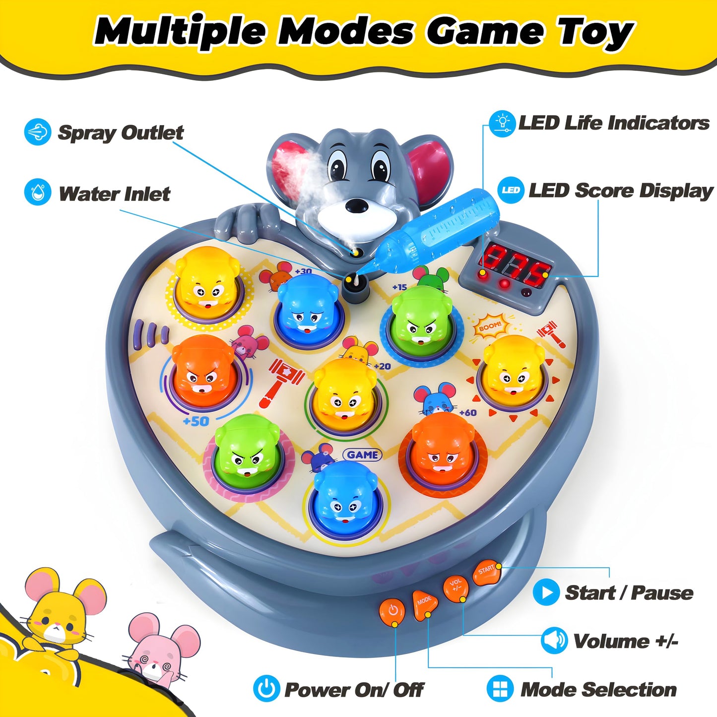 Yerloa Game for Toddlers 2 3 4 5 Year Old Boy Toys Christmas Unique Gift Kids Toys Ages 2-4 4-6 2-3 3-5 4-8 Interactive Learning Educational with Spray 2 Hammers, 5 Modes, 9 Music & Light