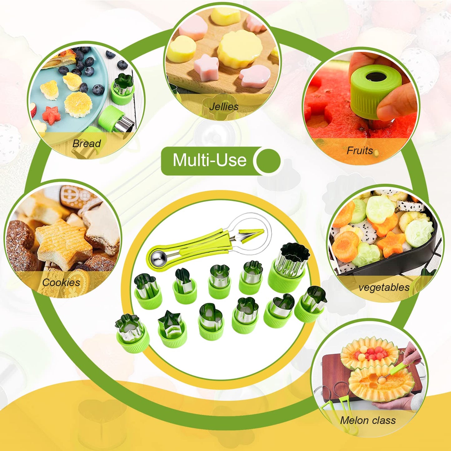 18pcs Melon Baller Scoop Set, FODIENS 4 In 1 Stainless Steel Fruit Slicer Peeler Set, Avocado Slicer Orange Peeler Fruits Vegetables Carving Tools Set with Mini Fruit Cookie Cutters Set