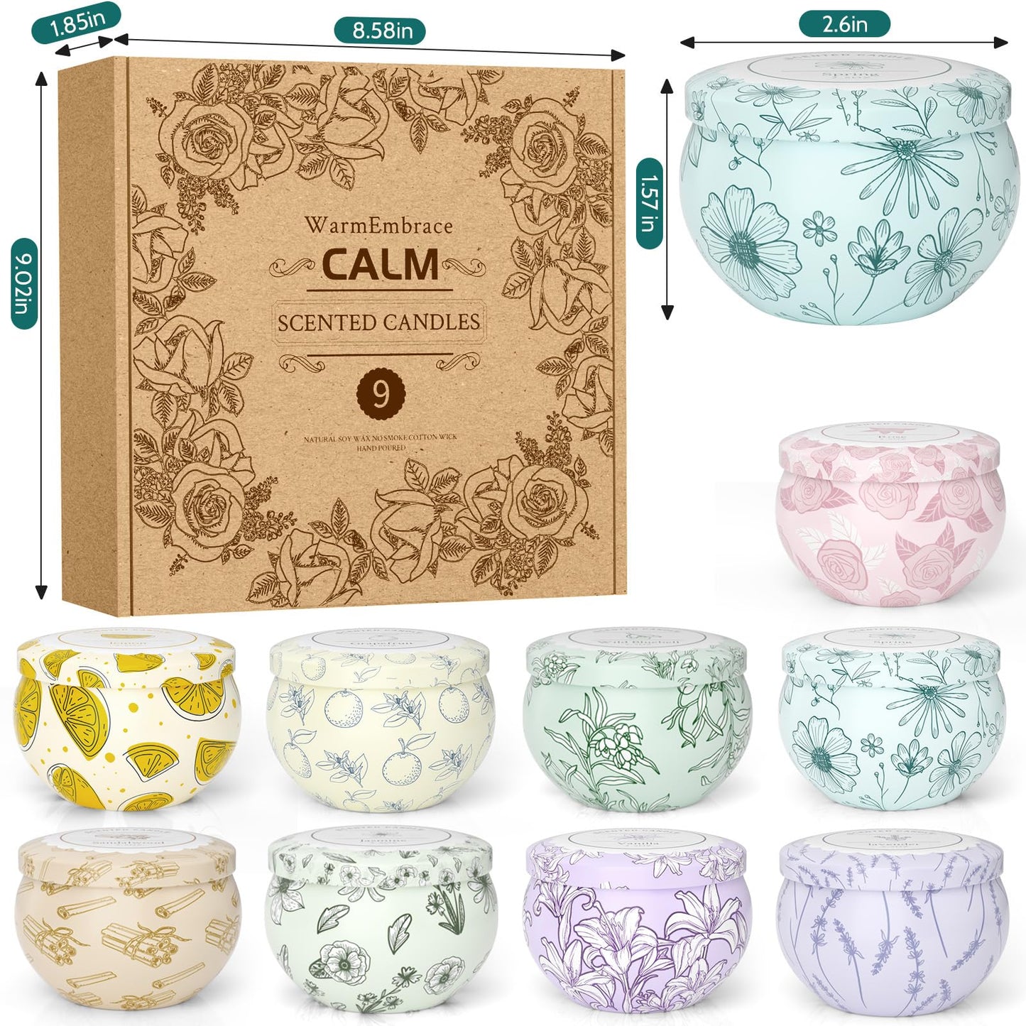 WarmEmbrace Scented Candles, Candle Set of 9, Long-Lasting Candles for Women, Candle Present Set for Birthday, Christmas, Mother’s Day